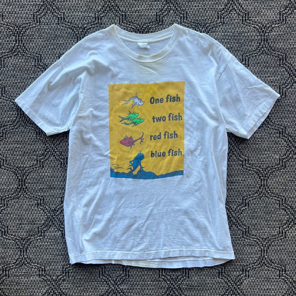 Vintage Dr Seuss T-Shirt Mens XL White One Fish Two Fish Lorax Art Book 90s